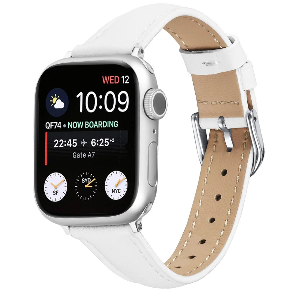Watch Band for Apple Watch Ultra 3 2 1 49mm / Series 11 10 46mm / 9 8 7 45mm / SE3 SE2 SE 6 5 4 44mm / 3 2 1 42mm Silver Buckle Slim Leather Strap - White - 2