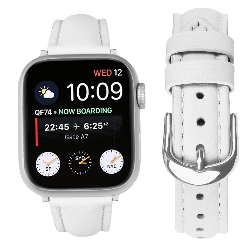 Watch Band for Apple Watch Ultra 3 2 1 49mm / Series 11 10 46mm / 9 8 7 45mm / SE3 SE2 SE 6 5 4 44mm / 3 2 1 42mm Silver Buckle Slim Leather Strap - White - 3