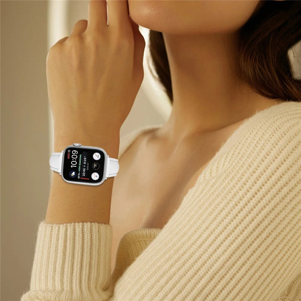 Watch Band for Apple Watch Ultra 3 2 1 49mm / Series 11 10 46mm / 9 8 7 45mm / SE3 SE2 SE 6 5 4 44mm / 3 2 1 42mm Silver Buckle Slim Leather Strap - White - 4