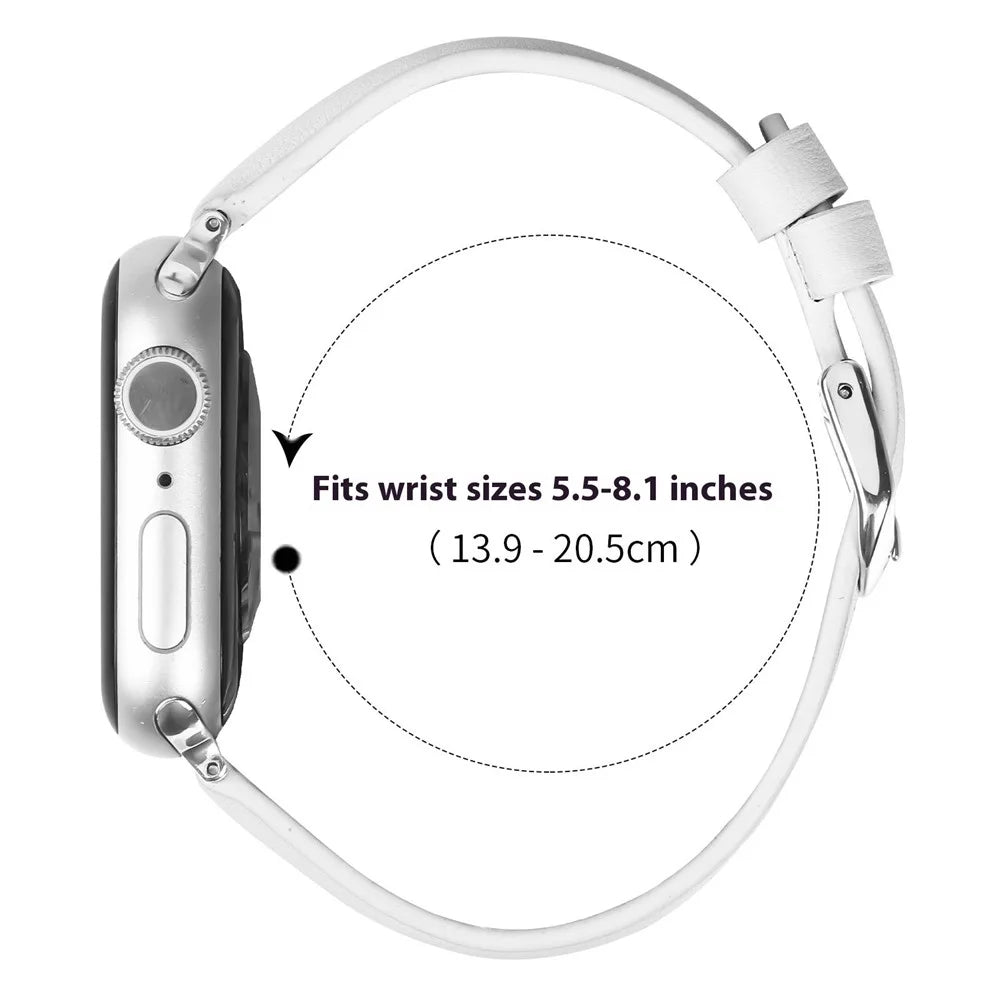 Watch Band for Apple Watch Ultra 3 2 1 49mm / Series 11 10 46mm / 9 8 7 45mm / SE3 SE2 SE 6 5 4 44mm / 3 2 1 42mm Silver Buckle Slim Leather Strap - White - 7