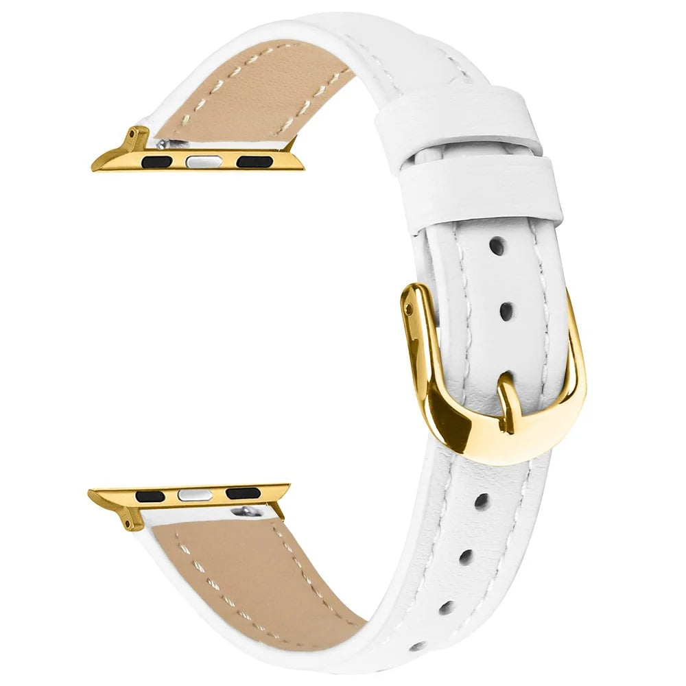 Watch Band for Apple Watch Ultra 3 2 1 49mm / Series 11 10 46mm / 9 8 7 45mm / SE3 SE2 SE 6 5 4 44mm / 3 2 1 42mm Gold Buckle Slim Leather Strap - White - 1