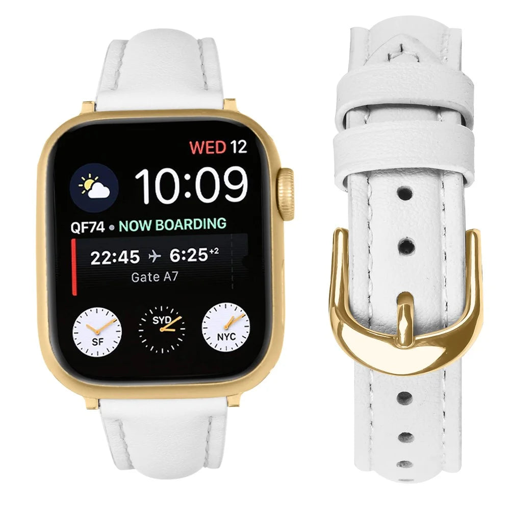 Watch Band for Apple Watch Ultra 3 2 1 49mm / Series 11 10 46mm / 9 8 7 45mm / SE3 SE2 SE 6 5 4 44mm / 3 2 1 42mm Gold Buckle Slim Leather Strap - White - 3