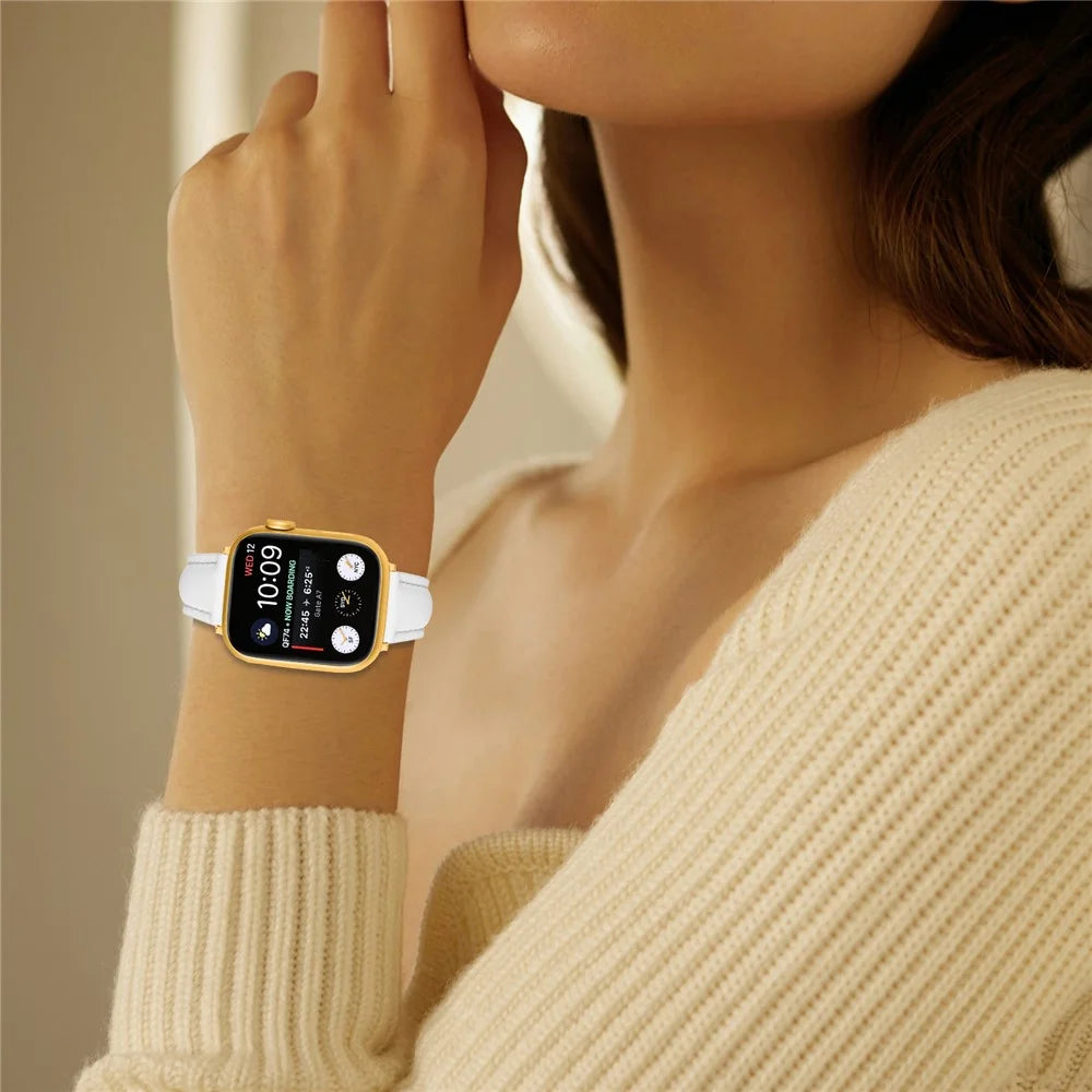 Watch Band for Apple Watch Ultra 3 2 1 49mm / Series 11 10 46mm / 9 8 7 45mm / SE3 SE2 SE 6 5 4 44mm / 3 2 1 42mm Gold Buckle Slim Leather Strap - White - 4