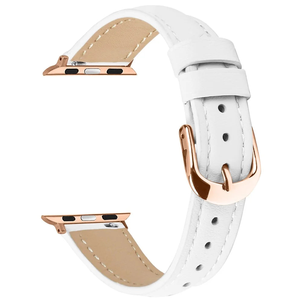 Watch Band for Apple Watch Ultra 3 2 1 49mm / Series 11 10 46mm / 9 8 7 45mm / SE3 SE2 SE 6 5 4 44mm / 3 2 1 42mm Rose Gold Buckle Slim Leather Strap - White - 1