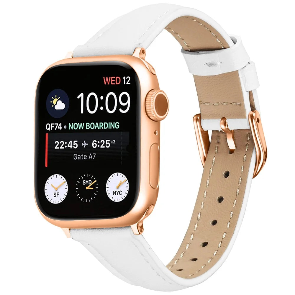 Watch Band for Apple Watch Ultra 3 2 1 49mm / Series 11 10 46mm / 9 8 7 45mm / SE3 SE2 SE 6 5 4 44mm / 3 2 1 42mm Rose Gold Buckle Slim Leather Strap - White - 2