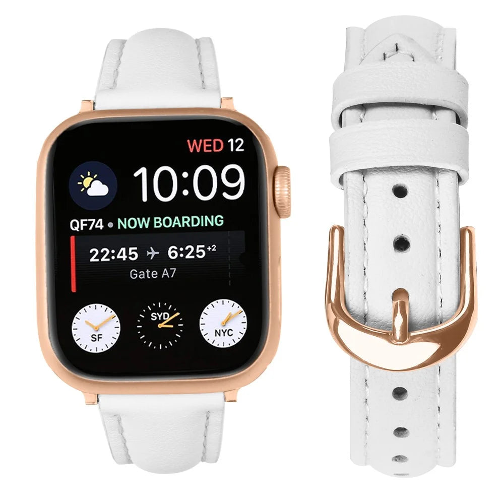 Watch Band for Apple Watch Ultra 3 2 1 49mm / Series 11 10 46mm / 9 8 7 45mm / SE3 SE2 SE 6 5 4 44mm / 3 2 1 42mm Rose Gold Buckle Slim Leather Strap - White - 3