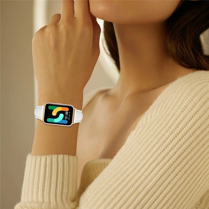 For Samsung Galaxy Fit3 Watch Band Gold Buckle Slim Leather Strap - White - 4