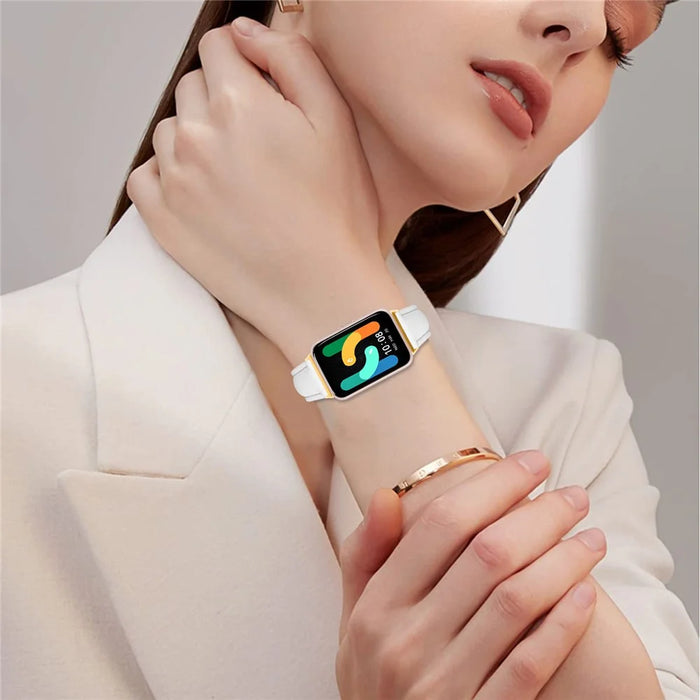 For Samsung Galaxy Fit3 Watch Band Gold Buckle Slim Leather Strap - White - 5