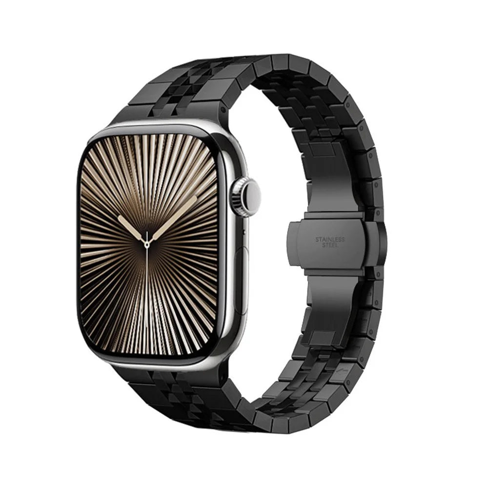 Stainless Steel Strap for Apple Watch Ultra 3 2 1 49mm / Series 11 10 46mm / 9 8 7 45mm / SE3 SE2 SE 6 5 4 44mm / 3 2 1 42mm Butterfly Buckle Watch Band - Black - 2
