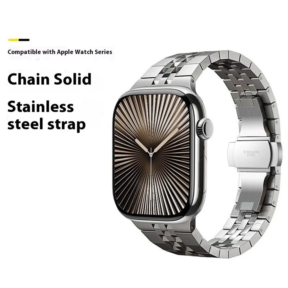 Stainless Steel Strap for Apple Watch Ultra 3 2 1 49mm / Series 11 10 46mm / 9 8 7 45mm / SE3 SE2 SE 6 5 4 44mm / 3 2 1 42mm Butterfly Buckle Watch Band - Black - 4