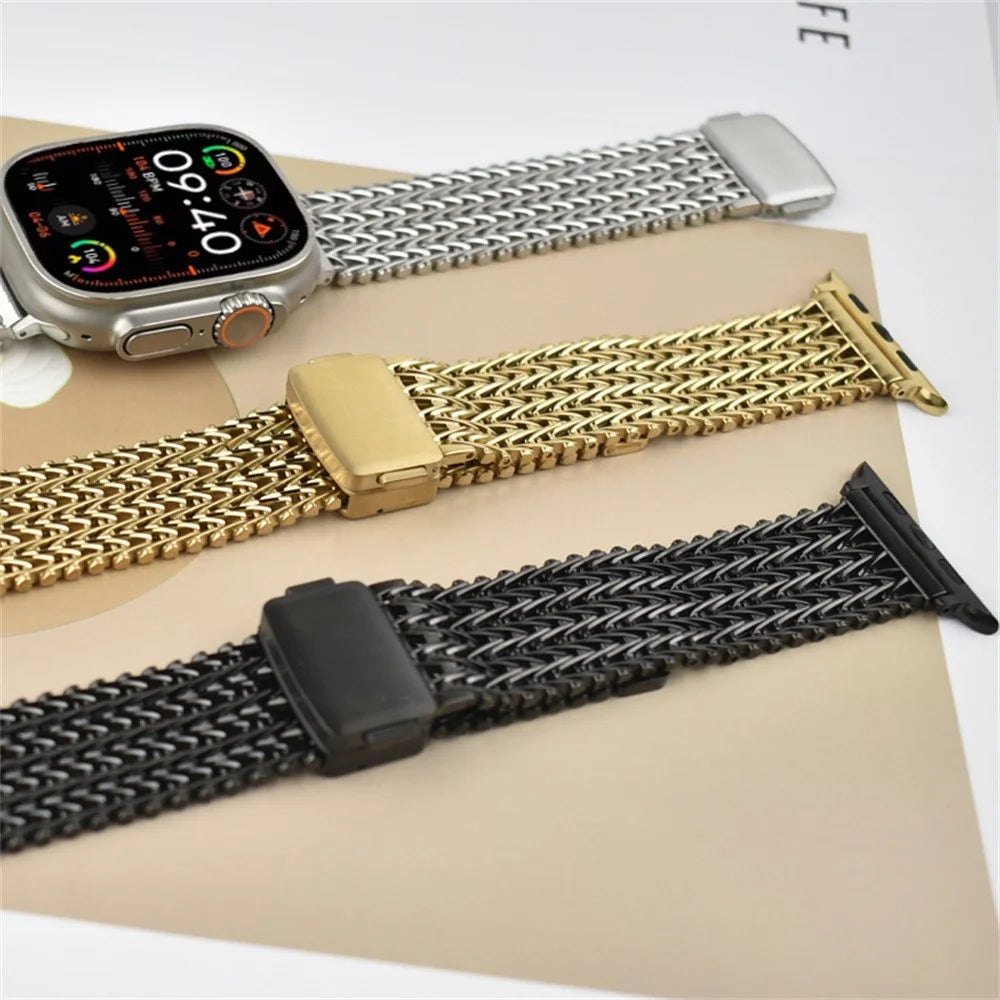 V Shape Mesh Band for Apple Watch Series 10 Ultra 9 8 7 SE 6 5 4 3 2 1 46mm 49mm 45mm 44mm 42mm Stainless Steel Magnetic Watch Strap - Gold - 4