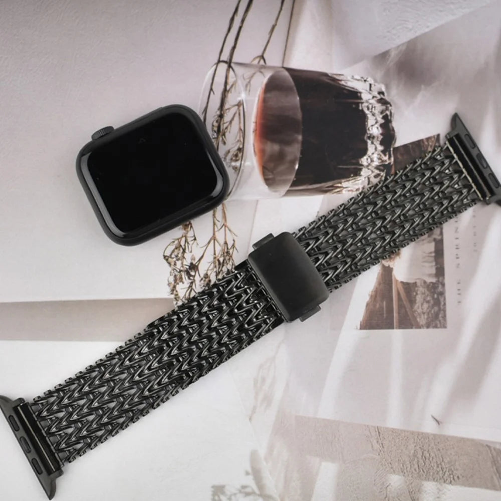 V Shape Mesh Band for Apple Watch Series 10 Ultra 9 8 7 SE 6 5 4 3 2 1 46mm 49mm 45mm 44mm 42mm Stainless Steel Magnetic Watch Strap - Gold - 5