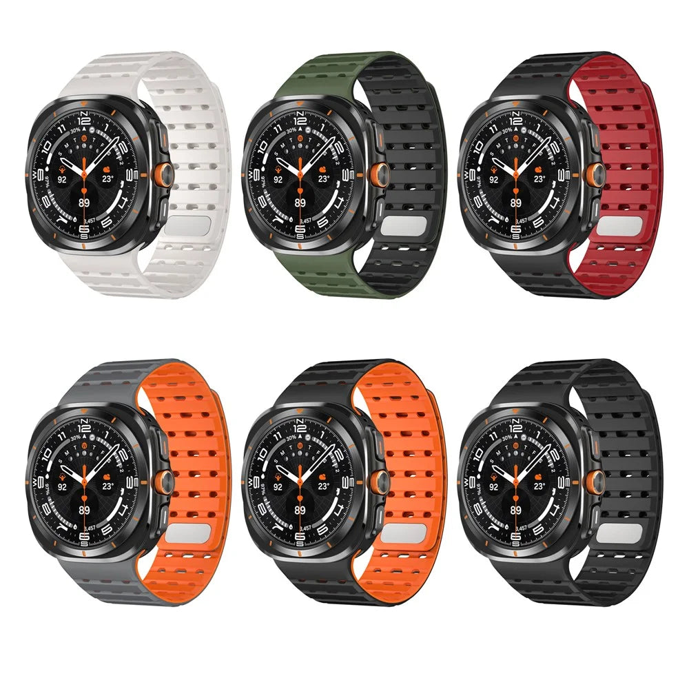 For Samsung Galaxy  Watch Ultra2 47mm / Watch Ultra (2025) 47mm / Watch Ultra 47mm Watch Band Holes Design Magnetic Silicone Strap - Black / Orange - 5