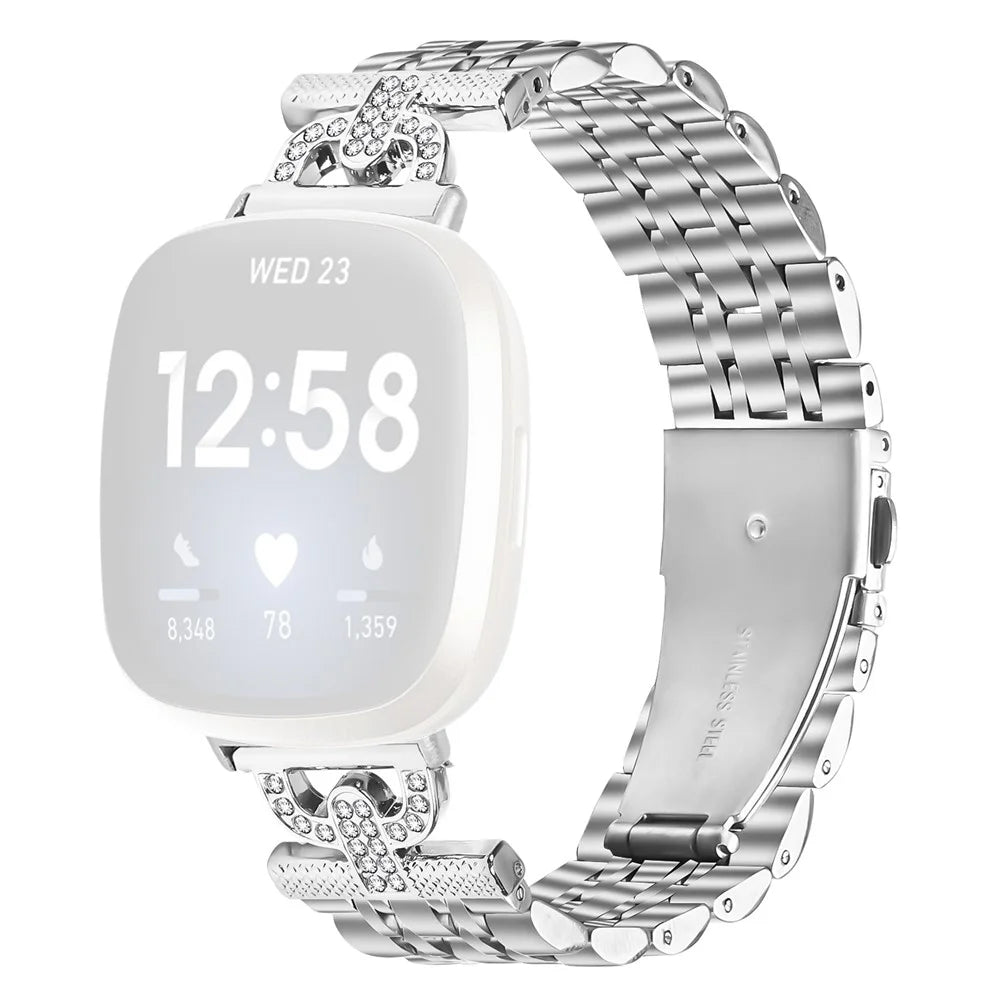 For Fitbit Versa 3 / Sense Watch Band 7-Bead D-Shape Rhinestones Decor Silver Stainless Steel Strap - 1