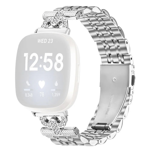 For Fitbit Versa 3 / Sense Watch Band 7-Bead D-Shape Rhinestones Decor Silver Stainless Steel Strap - 1