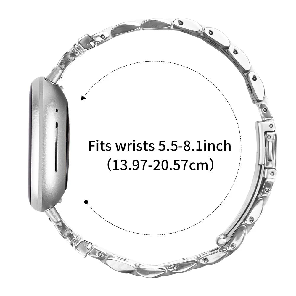 For Fitbit Versa 3 / Sense Watch Band 7-Bead D-Shape Rhinestones Decor Silver Stainless Steel Strap - 7