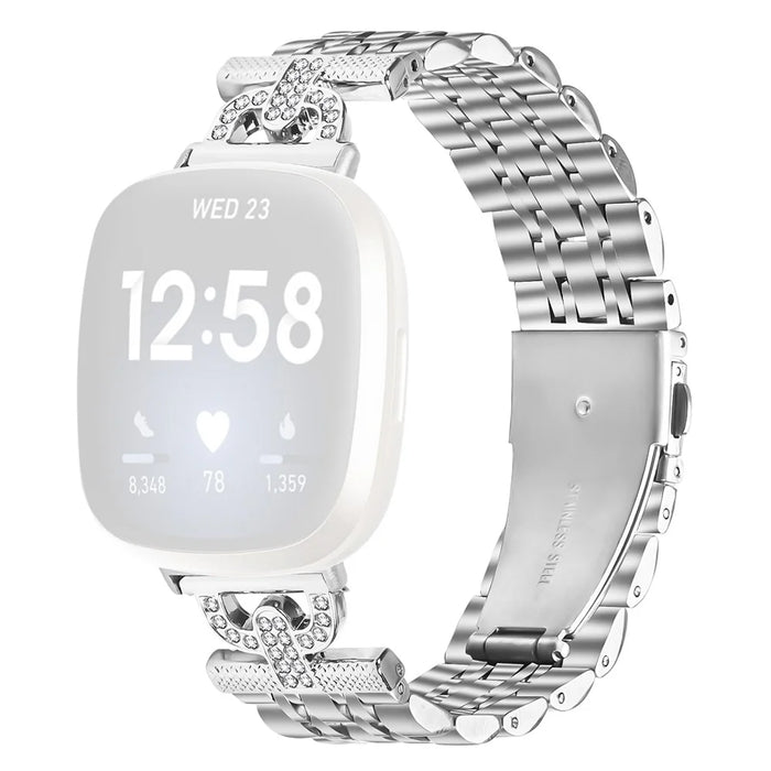 For Fitbit Versa 4 / Sense 2 Watch Band 7-Bead D-Shape Rhinestones Decor Silver Stainless Steel Strap - 1