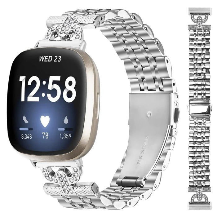For Fitbit Versa 4 / Sense 2 Watch Band 7-Bead D-Shape Rhinestones Decor Silver Stainless Steel Strap - 2