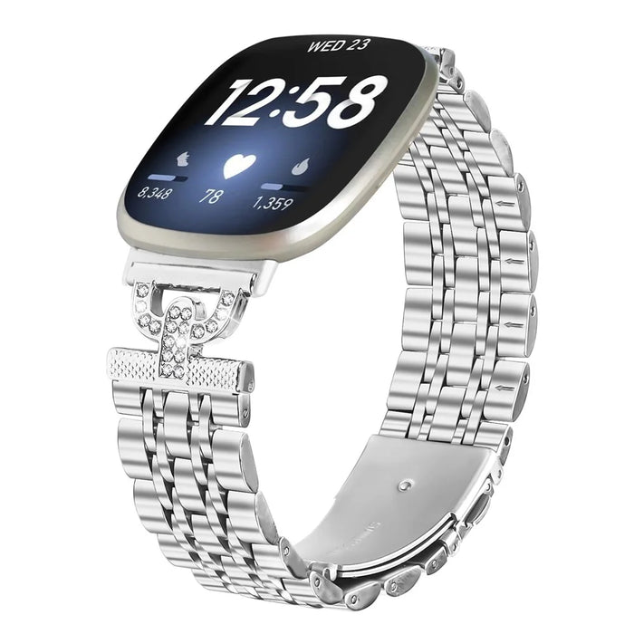 For Fitbit Versa 4 / Sense 2 Watch Band 7-Bead D-Shape Rhinestones Decor Silver Stainless Steel Strap - 3