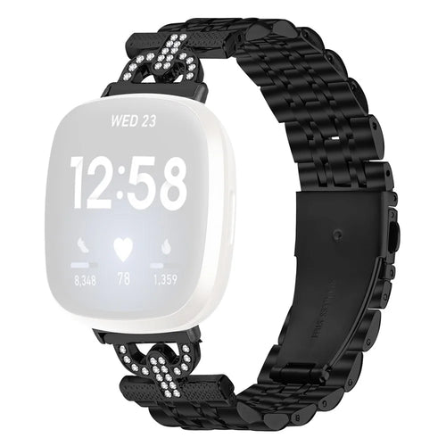 For Fitbit Versa 4 / Sense 2 Watch Band 7-Bead D-Shape Rhinestones Decor Stainless Steel Colored Watch Strap - Black - 1