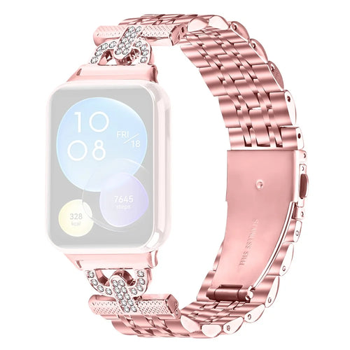 For Xiaomi Smart Band 10 Pro / 9 Pro / 8 Pro / Redmi Watch 6 / 5 / 4 Watch Band 7-Bead D-Shape Rhinestones Decor Stainless Steel Colored Watch Strap - Rose Pink - 1