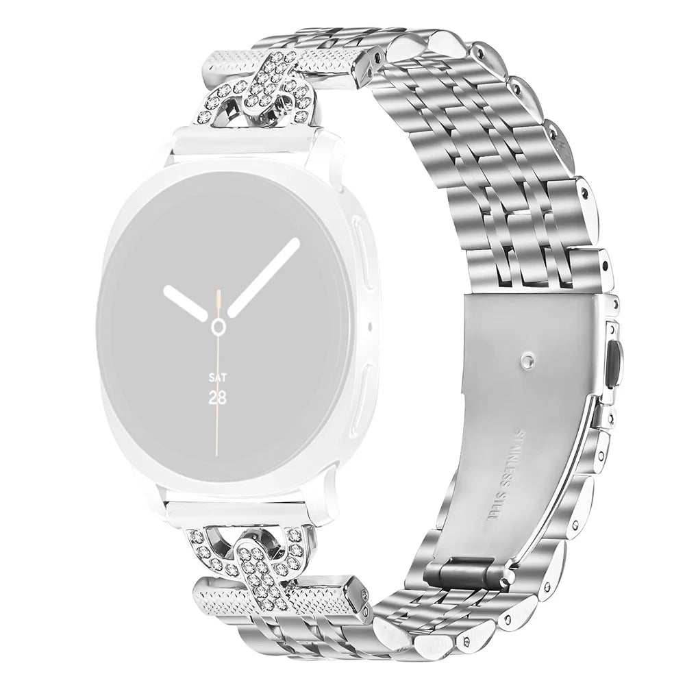 Watch Band for Samsung Galaxy Watch8 Classic 46mm / Watch8 44mm / 40mm 7-Bead D-Shape Rhinestones Decor Silver Stainless Steel Strap - 1