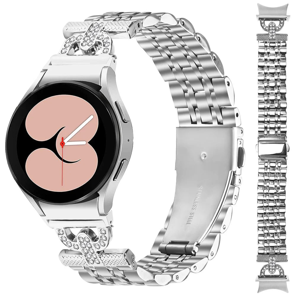 Watch Band with Connector for Samsung Galaxy Watch7 44mm / 40mm D-Shape Rhinestones Decor Silver Stainless Steel Strap - 2