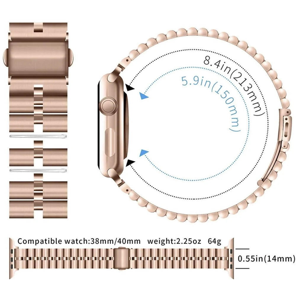 Semicircle 3-Bead Metal Watch Replacement Band for Apple Watch Series 11 10 42mm / 9 8 7 41mm / SE3 SE2 SE 6 5 4 40mm / 3 2 1 38mm - Rose Gold - 5