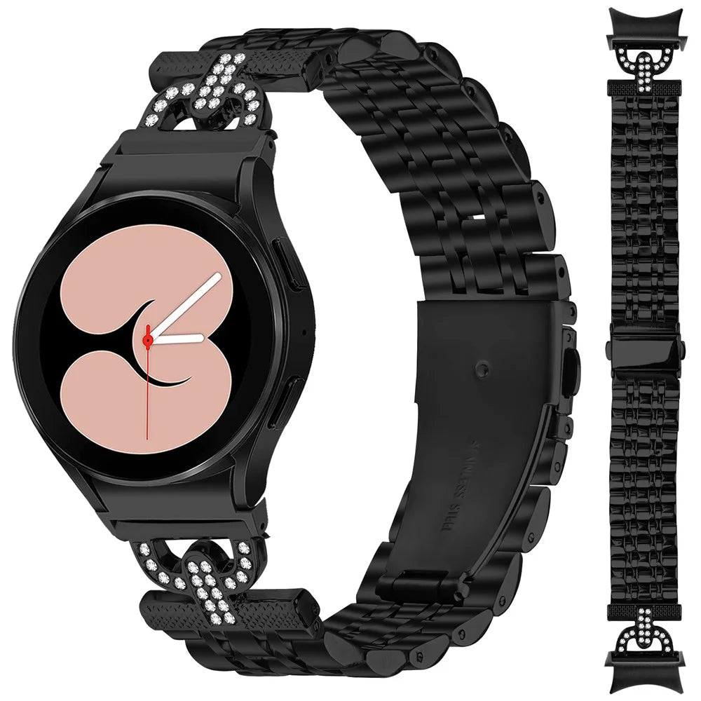 Watch Band for Samsung Galaxy Watch7 44mm / 40mm D-Shape Rhinestones Stainless Steel Wrist Strap with Quick Release Connector - Black - 2