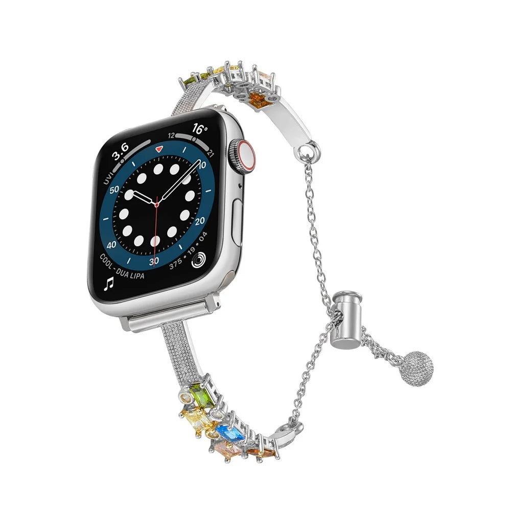 Colored Square Rhinestones Watch Band for Apple Watch Series 11 10 42mm / 9 8 7 41mm / SE3 SE2 SE 6 5 4 40mm / 3 2 1 38mm Drawstring Metal Strap - Silver - 2
