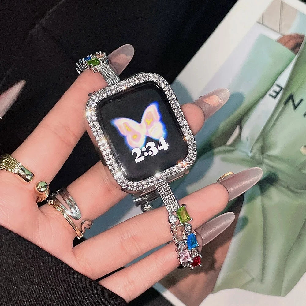 Colored Square Rhinestones Watch Band for Apple Watch Series 11 10 42mm / 9 8 7 41mm / SE3 SE2 SE 6 5 4 40mm / 3 2 1 38mm Drawstring Metal Strap - Silver - 4