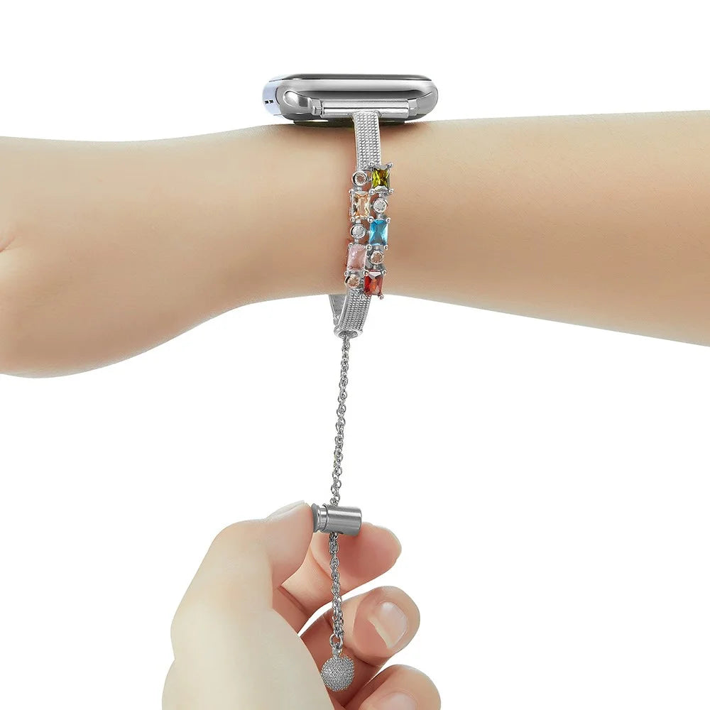 Colored Square Rhinestones Watch Band for Apple Watch Series 11 10 42mm / 9 8 7 41mm / SE3 SE2 SE 6 5 4 40mm / 3 2 1 38mm Drawstring Metal Strap - Silver - 7