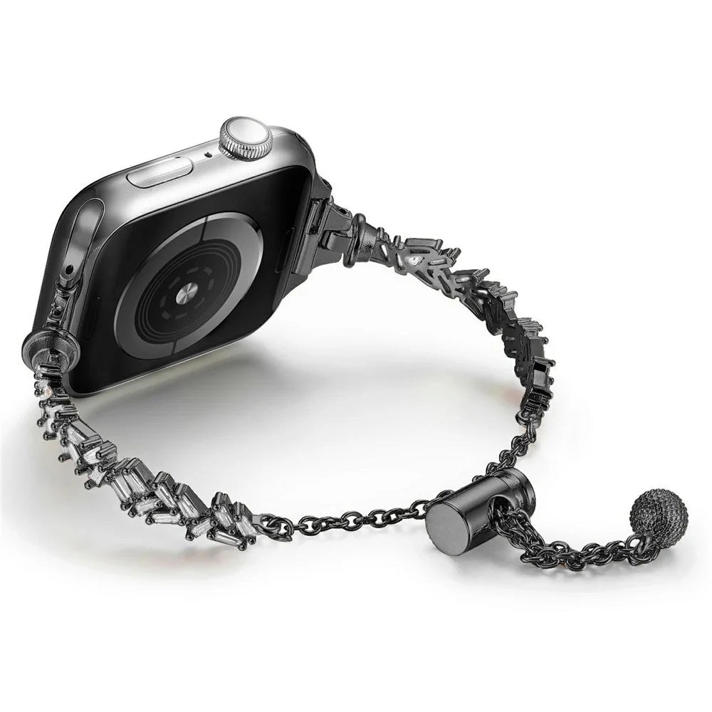 Bracelet Band with Sparkling Rhinestones for Apple Watch Series 11 10 42mm / 9 8 7 41mm / SE3 SE2 SE 6 5 4 40mm / 3 2 1 38mm Drawstring Chain Watch Strap - Black - 3
