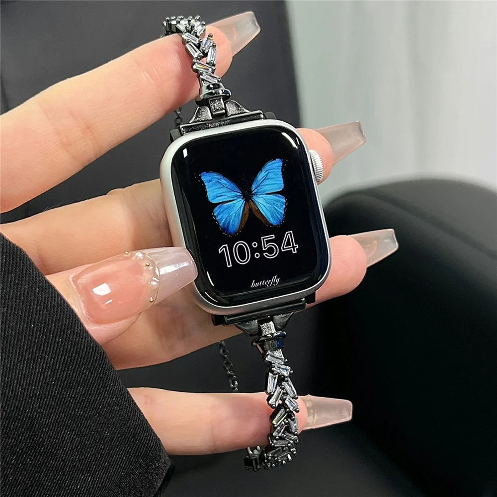 Bracelet Band with Sparkling Rhinestones for Apple Watch Series 11 10 42mm / 9 8 7 41mm / SE3 SE2 SE 6 5 4 40mm / 3 2 1 38mm Drawstring Chain Watch Strap - Black - 4