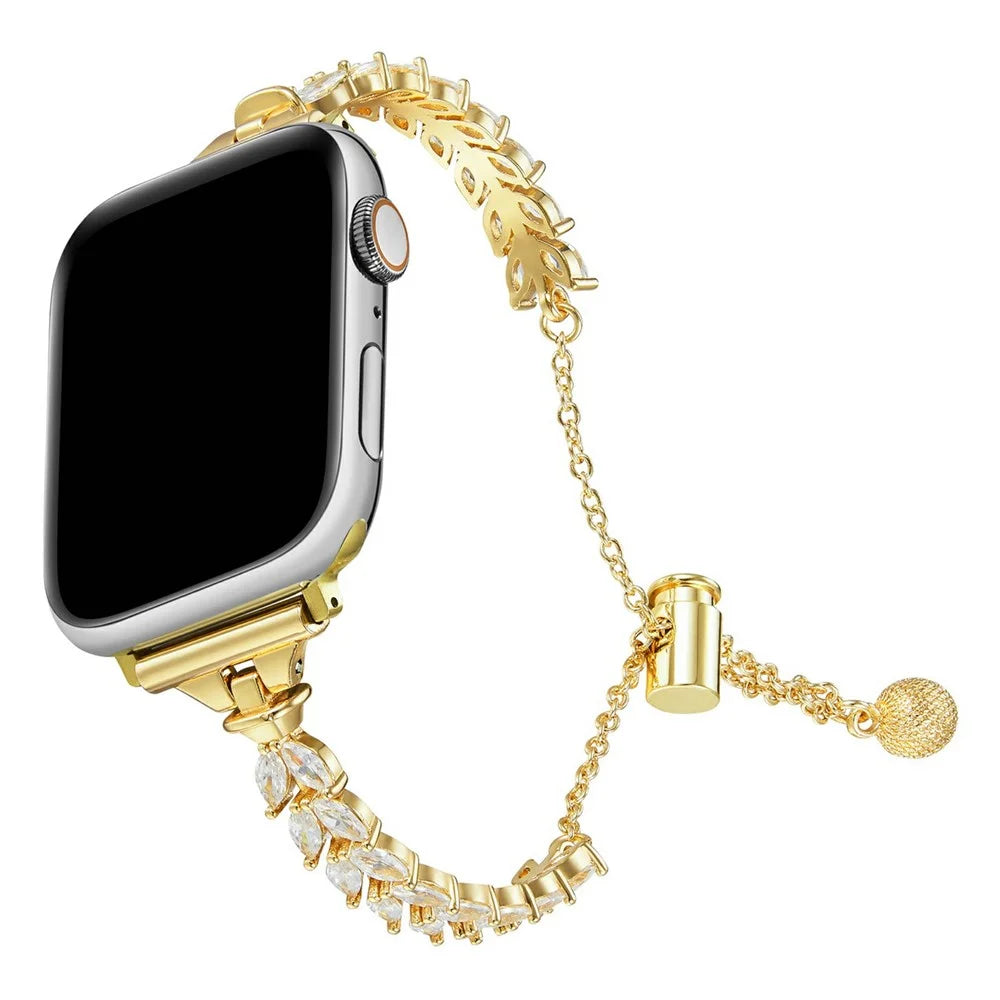 Metal Watch Band for Apple Watch Series 11 10 42mm / 9 8 7 41mm / SE3 SE2 SE 6 5 4 40mm / 3 2 1 38mm Bracelet Strap Leaves Design Rhinestone Decor - Gold - 2