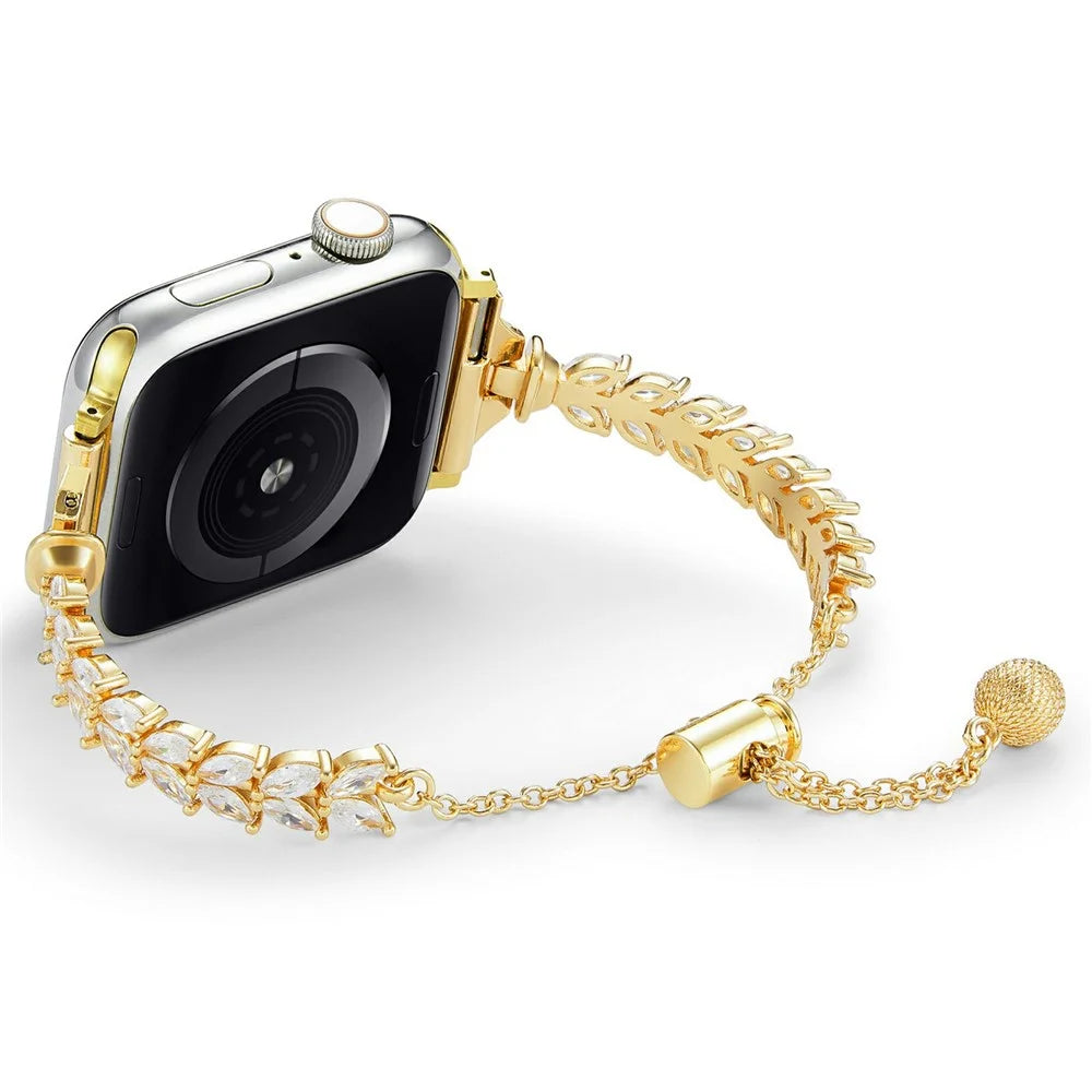 Metal Watch Band for Apple Watch Series 11 10 42mm / 9 8 7 41mm / SE3 SE2 SE 6 5 4 40mm / 3 2 1 38mm Bracelet Strap Leaves Design Rhinestone Decor - Gold - 3