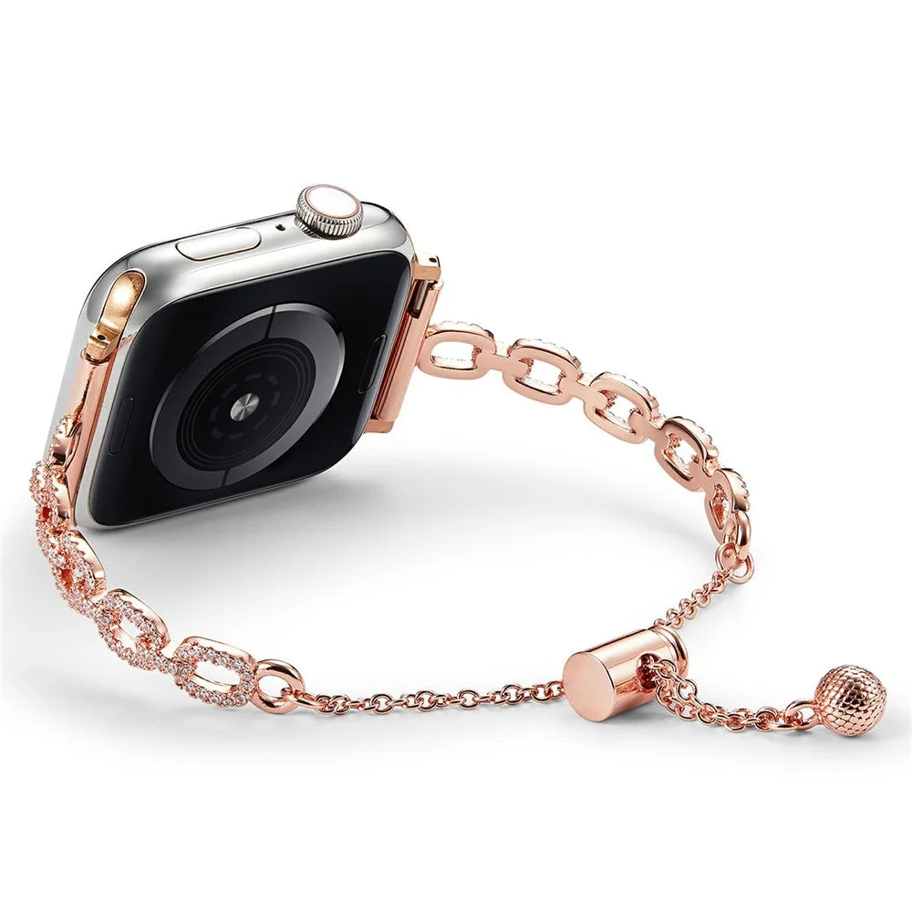Metal Bracelet Strap for Apple Watch Series 10 9 8 7 SE 6 5 4 3 2 1 42mm 41mm 40mm 38mm Loop Link Rhinestone Watch Band - Rose Gold - 3