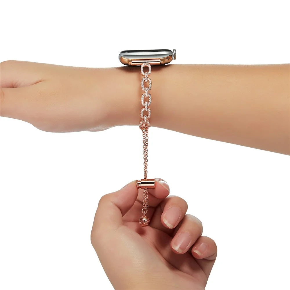 Metal Bracelet Strap for Apple Watch Series 10 9 8 7 SE 6 5 4 3 2 1 42mm 41mm 40mm 38mm Loop Link Rhinestone Watch Band - Rose Gold - 5