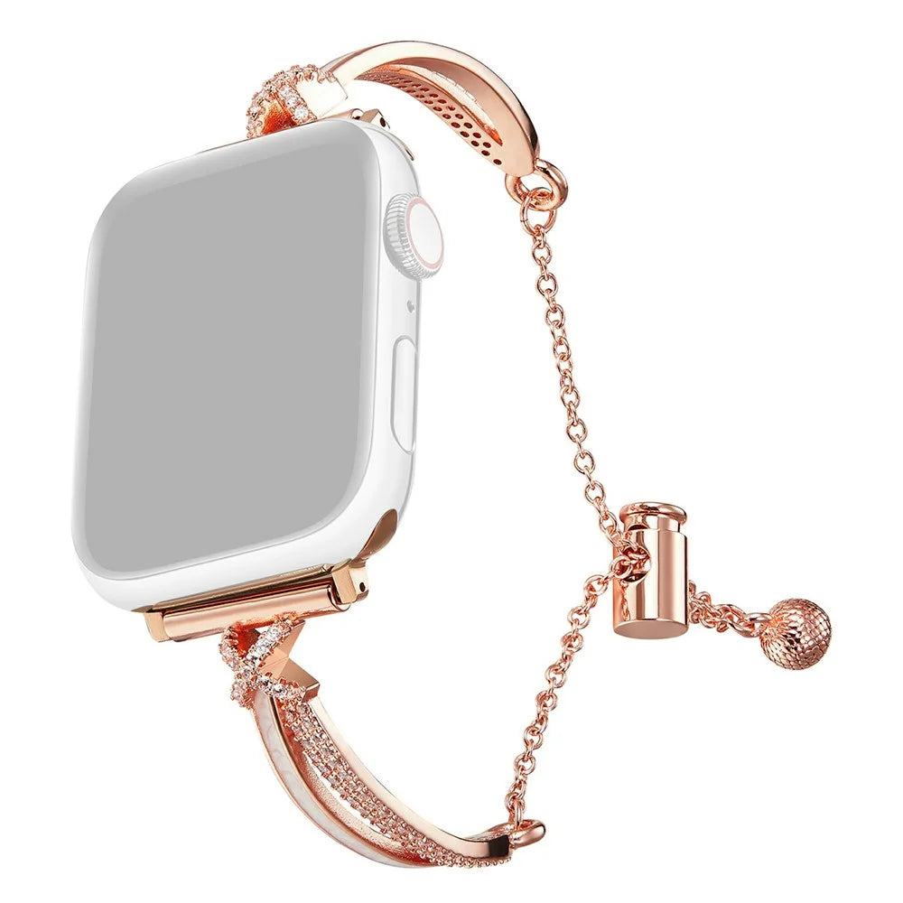 Drawstring Design Watch Band for Apple Watch Series 11 10 42mm / 9 8 7 41mm / SE3 SE2 SE 6 5 4 40mm / 3 2 1 38mm Bracelet Strap X-Shape Rhinestone Decor - Rose Gold - 1
