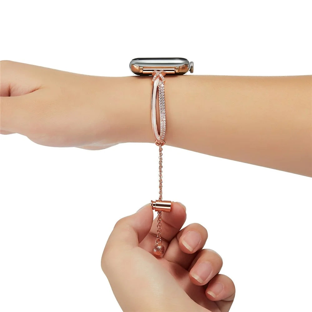 Drawstring Design Watch Band for Apple Watch Series 11 10 42mm / 9 8 7 41mm / SE3 SE2 SE 6 5 4 40mm / 3 2 1 38mm Bracelet Strap X-Shape Rhinestone Decor - Rose Gold - 4