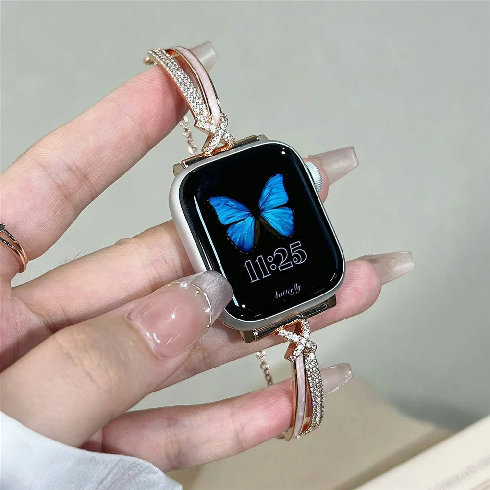 Drawstring Design Watch Band for Apple Watch Series 11 10 42mm / 9 8 7 41mm / SE3 SE2 SE 6 5 4 40mm / 3 2 1 38mm Bracelet Strap X-Shape Rhinestone Decor - Rose Gold - 5
