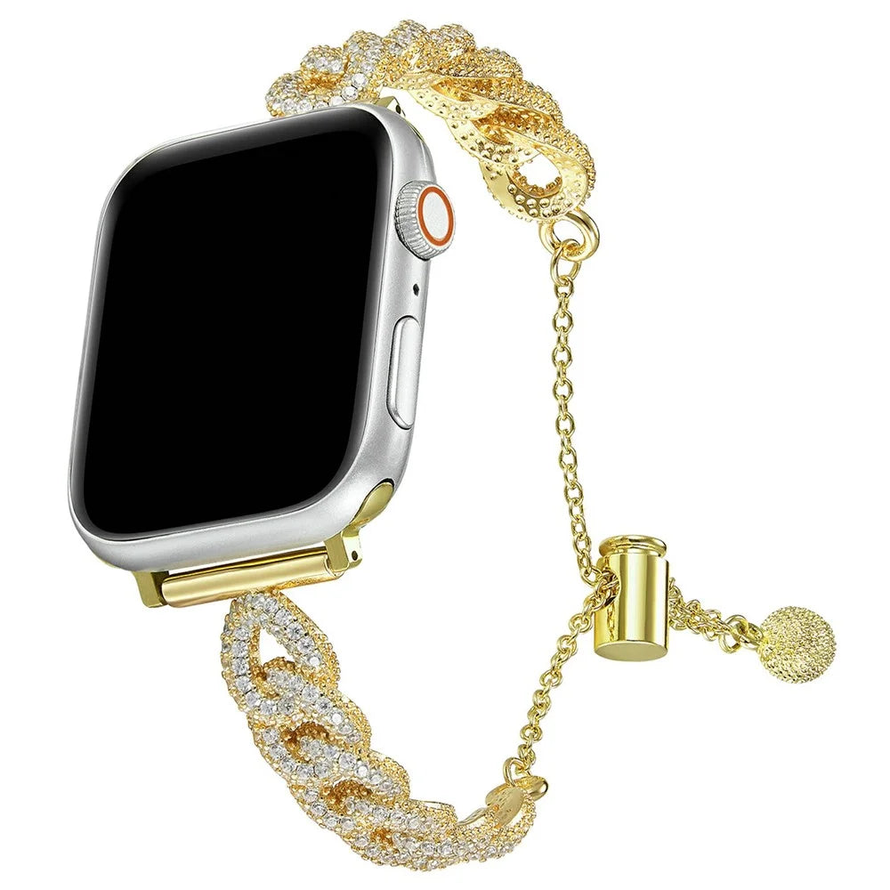 Metal Strap for Apple Watch Series 11 10 42mm / 9 8 7 41mm / SE3 SE2 SE 6 5 4 40mm / 3 2 1 38mm Rhinestone Decor Drawstring Design Watch Band - Gold - 2