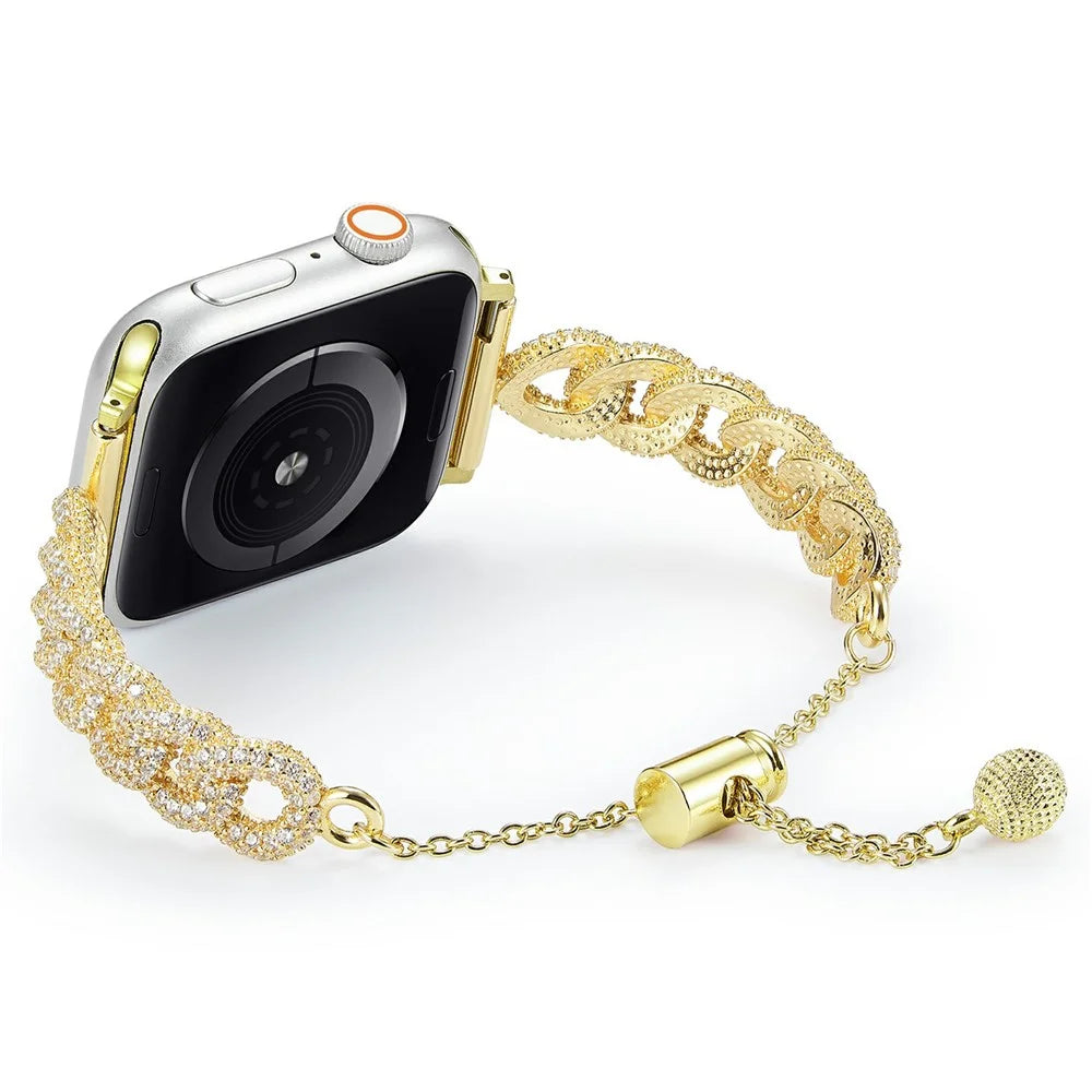 Metal Strap for Apple Watch Series 11 10 42mm / 9 8 7 41mm / SE3 SE2 SE 6 5 4 40mm / 3 2 1 38mm Rhinestone Decor Drawstring Design Watch Band - Gold - 3