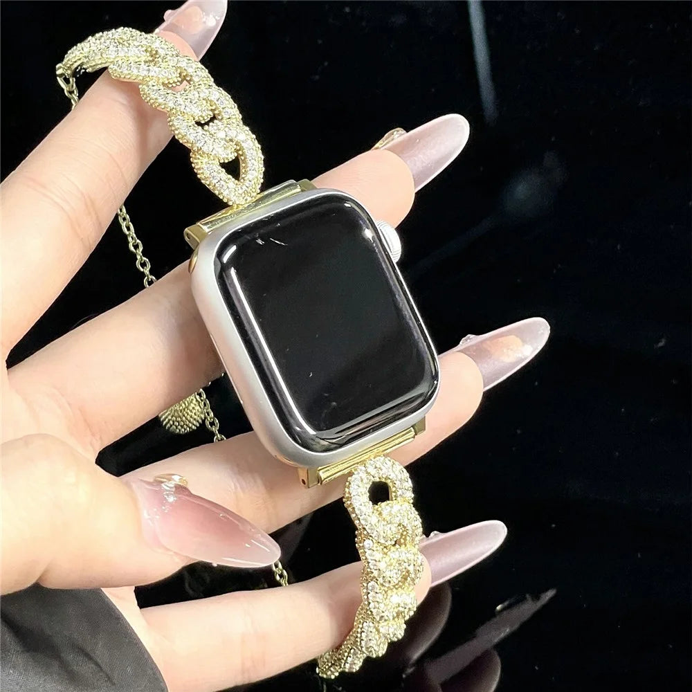 Metal Strap for Apple Watch Series 11 10 42mm / 9 8 7 41mm / SE3 SE2 SE 6 5 4 40mm / 3 2 1 38mm Rhinestone Decor Drawstring Design Watch Band - Gold - 4