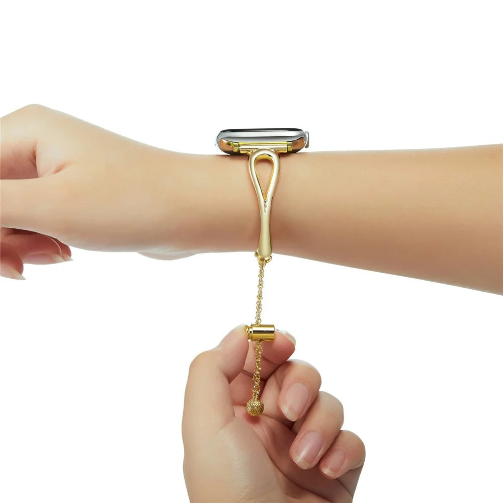 Metal Bracelet Band for Apple Watch Series 11 10 42mm / 9 8 7 41mm / SE3 SE2 SE 6 5 4 40mm / 3 2 1 38mm Drawstring Adjustable Hollow Watch Strap - Gold - 4