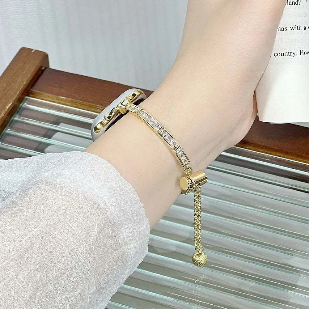 Slim Watch Band for Apple Watch Series 11 10 42mm / 9 8 7 41mm / SE3 SE2 SE 6 5 4 40mm / 3 2 1 38mm Drawstring Metal Bracelet with Rhinestone - Gold - 3