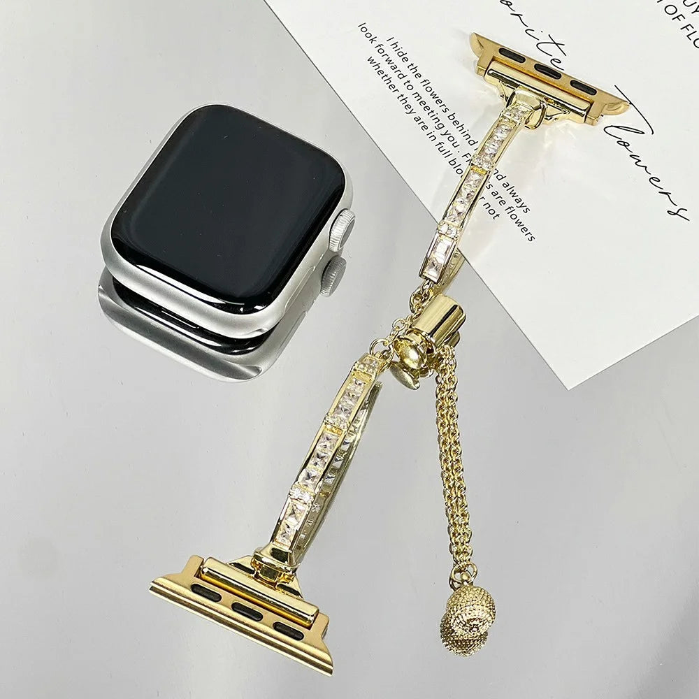 Slim Watch Band for Apple Watch Series 11 10 42mm / 9 8 7 41mm / SE3 SE2 SE 6 5 4 40mm / 3 2 1 38mm Drawstring Metal Bracelet with Rhinestone - Gold - 5