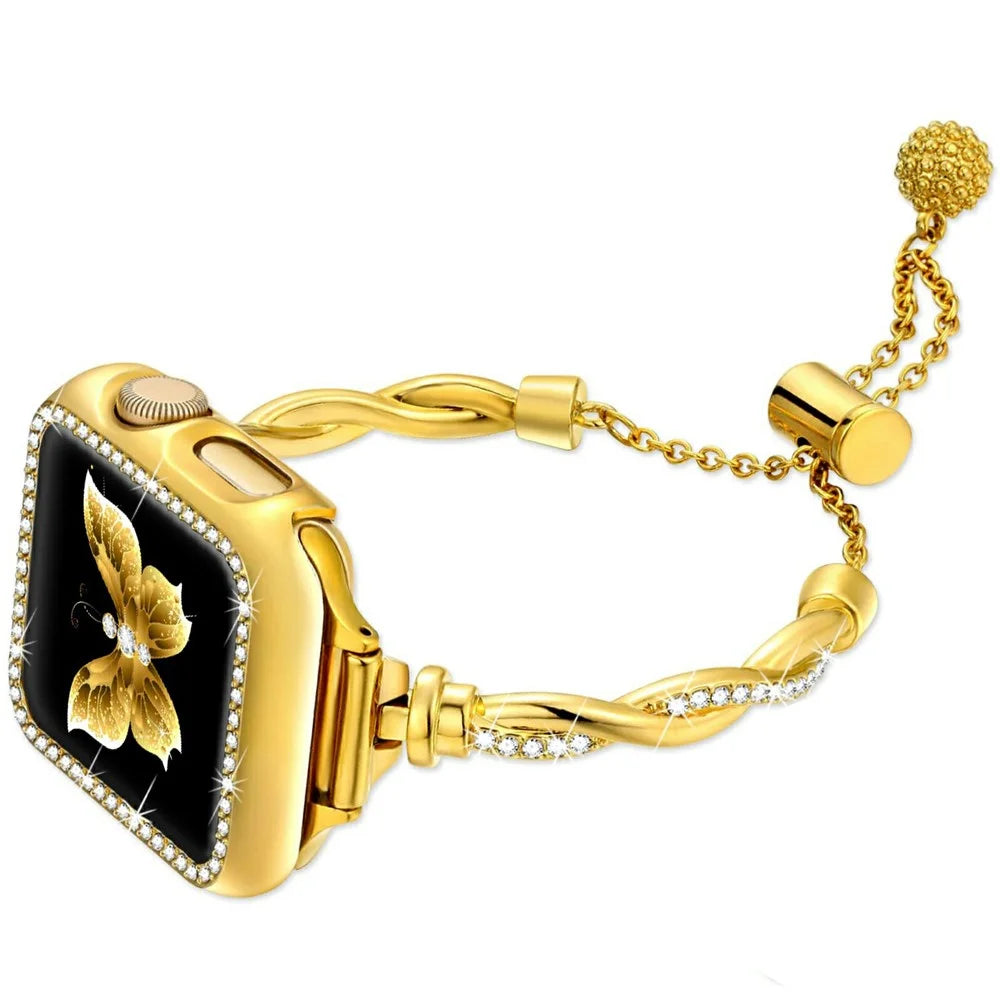 Metal Strap for Apple Watch Series 11 10 42mm / 9 8 7 41mm / SE3 SE2 SE 6 5 4 40mm / 3 2 1 38mm Drawstring Design Watch Band Rhinestone Decorated - Gold - 1