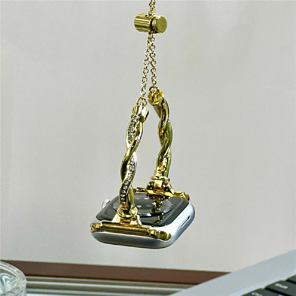 Metal Strap for Apple Watch Series 11 10 42mm / 9 8 7 41mm / SE3 SE2 SE 6 5 4 40mm / 3 2 1 38mm Drawstring Design Watch Band Rhinestone Decorated - Gold - 4