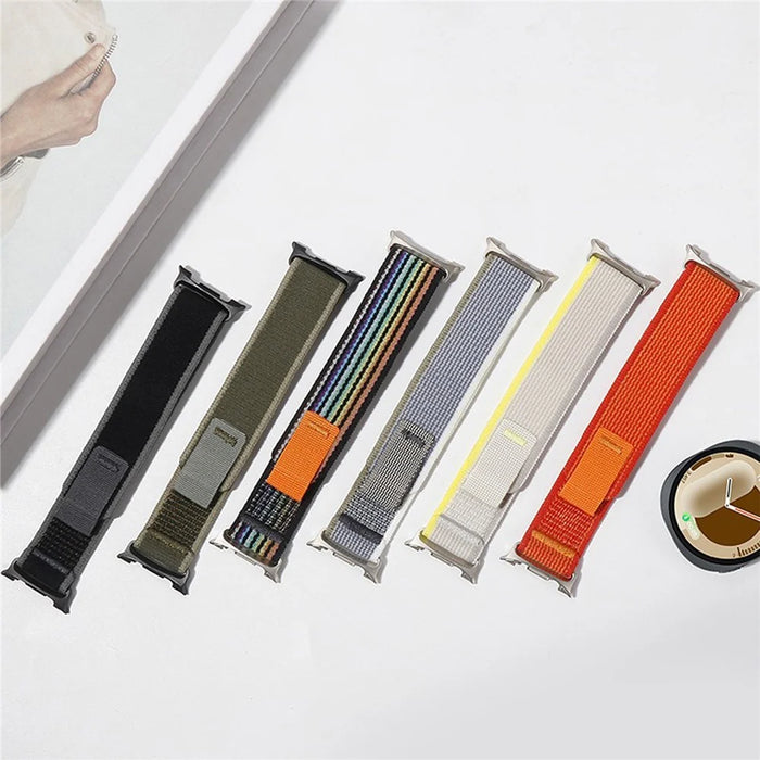 Nylon Watch Band for Samsung Galaxy Watch8 44mm / 40mm / 8 Classic 46mm Loop Design Magic Tape Replacement Strap - White Stripe - 6